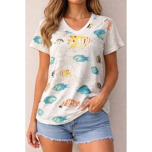 Sun Bay Sea Life V Neck Tee Fish Coral Print Pocket Cotton Short Sleeve Petite M